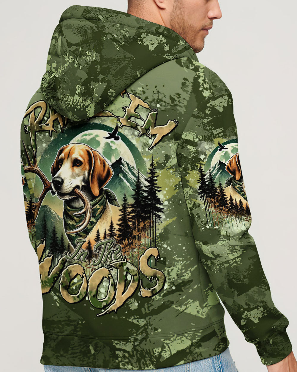 BLISSCORNERS RAISE 'EM IN THE WOODS DEER HUNTING FOXHOUND DOG ALL OVER PRINT