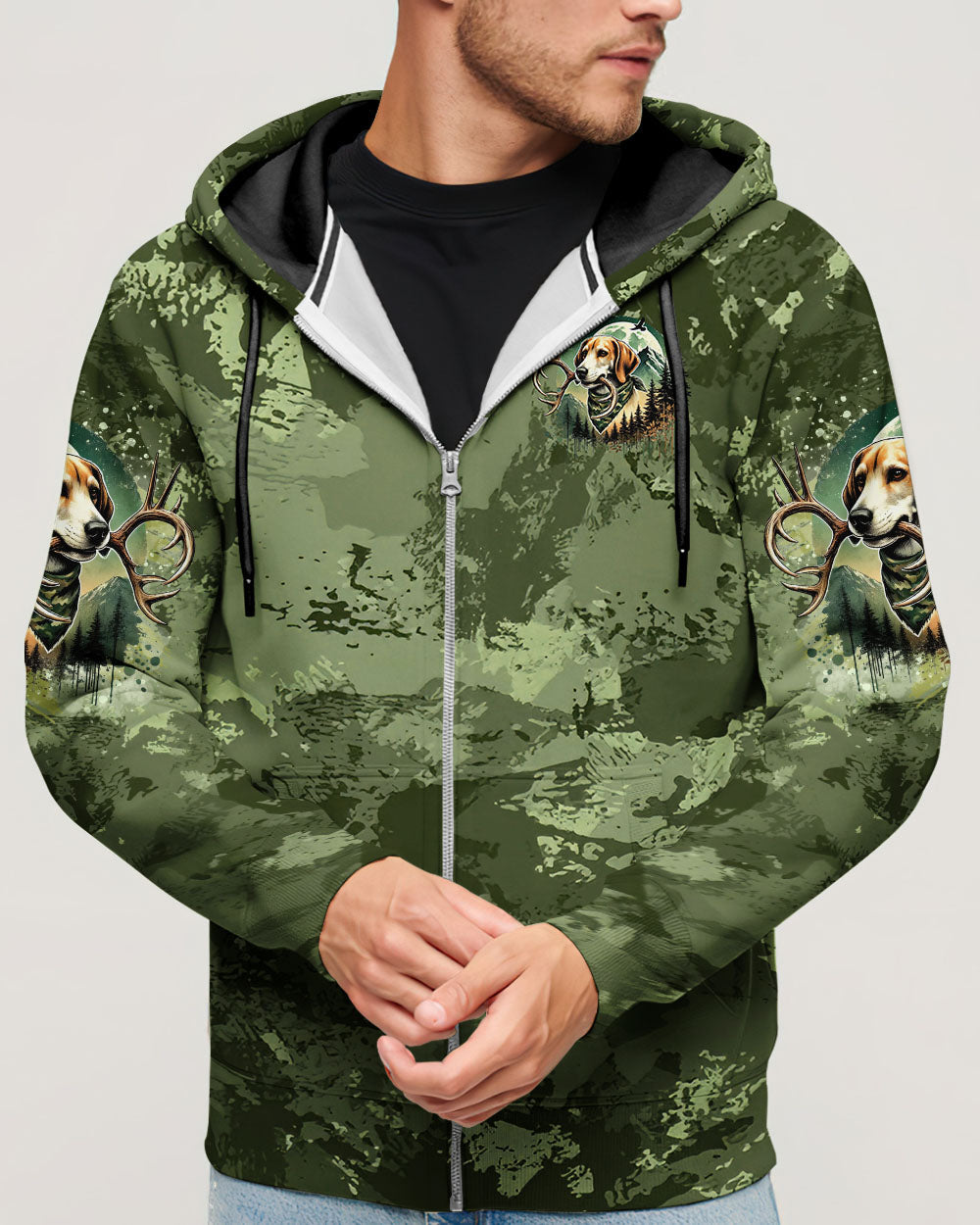 BLISSCORNERS RAISE 'EM IN THE WOODS DEER HUNTING FOXHOUND DOG ALL OVER PRINT