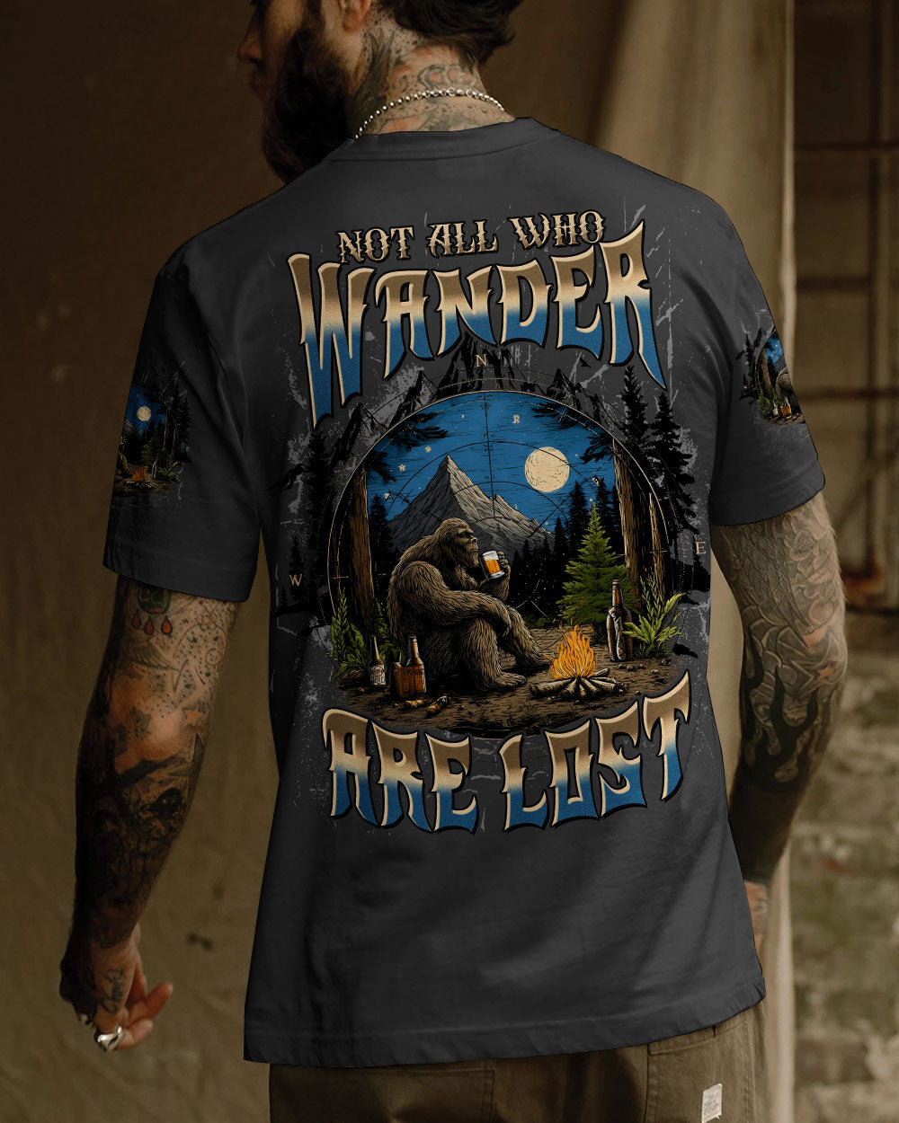 BLISSCORNERS NOT ALL WHO WANDER ARE LOST BIGFOOT COMPASS ALL OVER PRINT