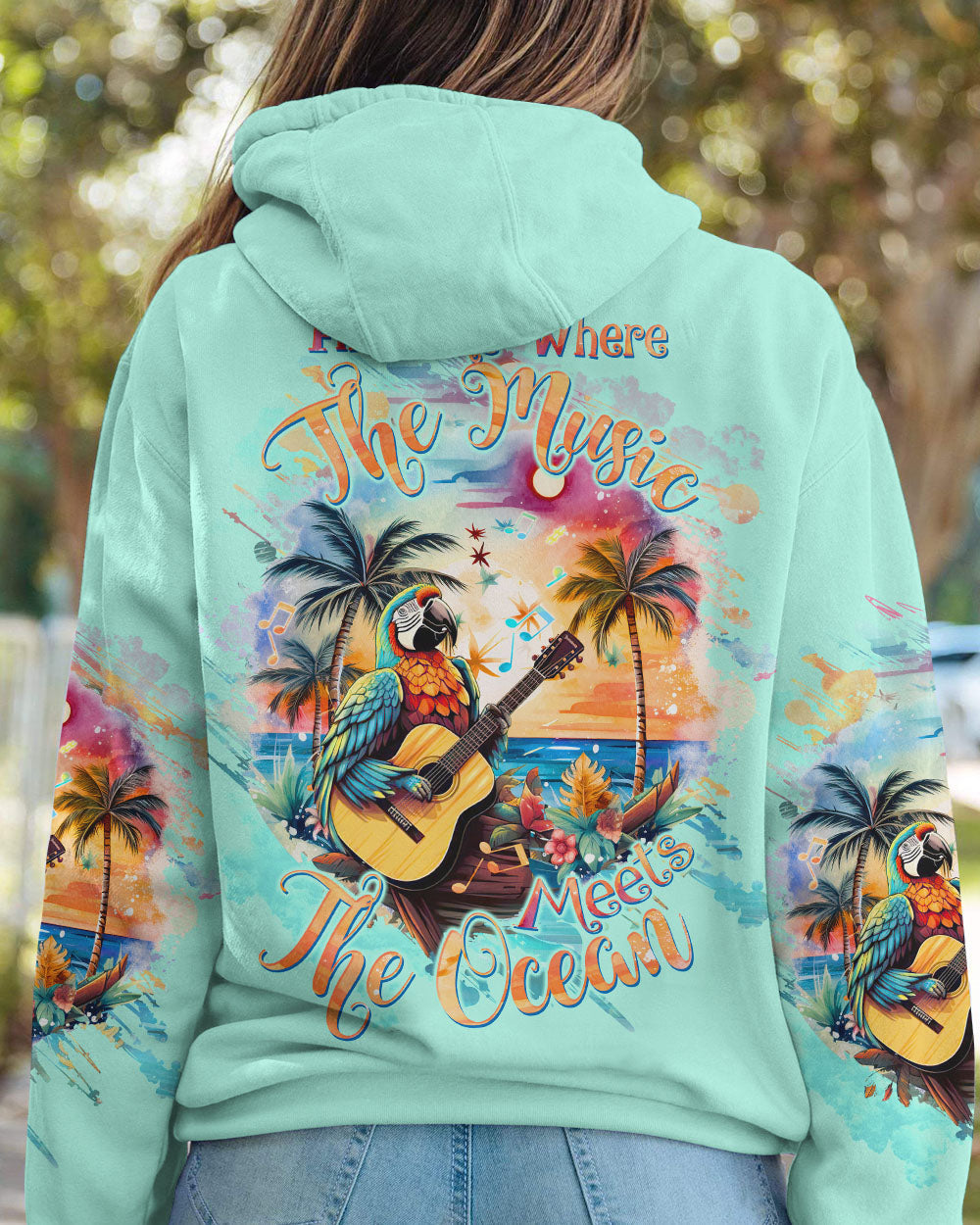 BLISSCORNERS FIND ME WHERE THE MUSIC MEETS THE OCEAN PARROT ALL OVER PRINT