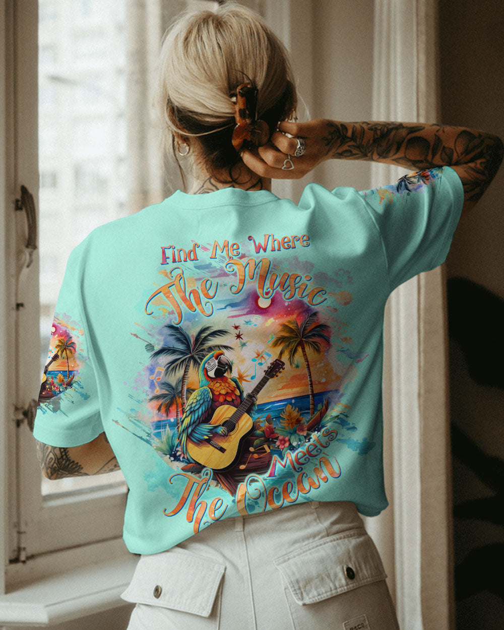 BLISSCORNERS FIND ME WHERE THE MUSIC MEETS THE OCEAN PARROT ALL OVER PRINT