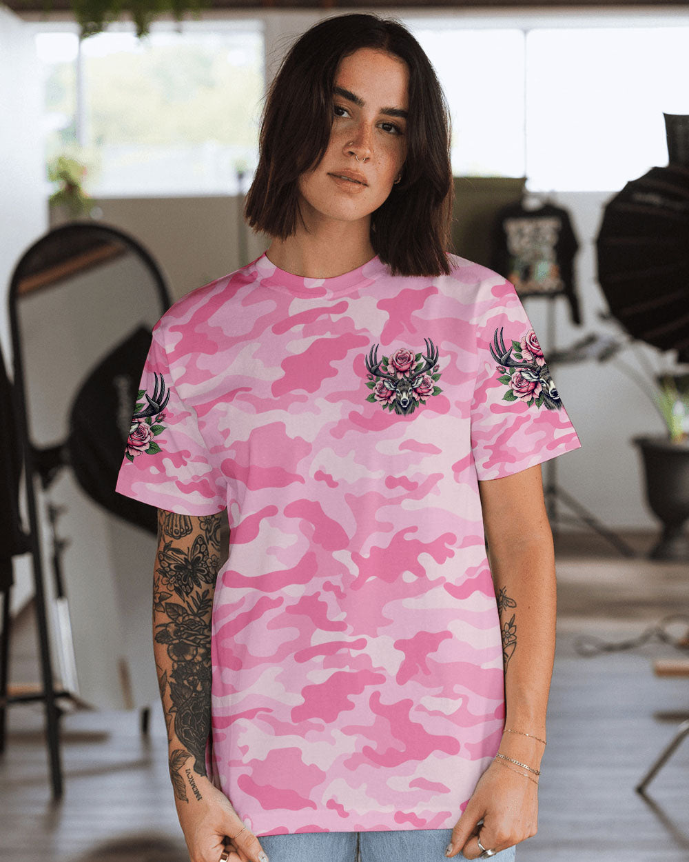 BLISSCORNERS PRETTY IN PINK HUNTING DEER ALL OVER PRINT