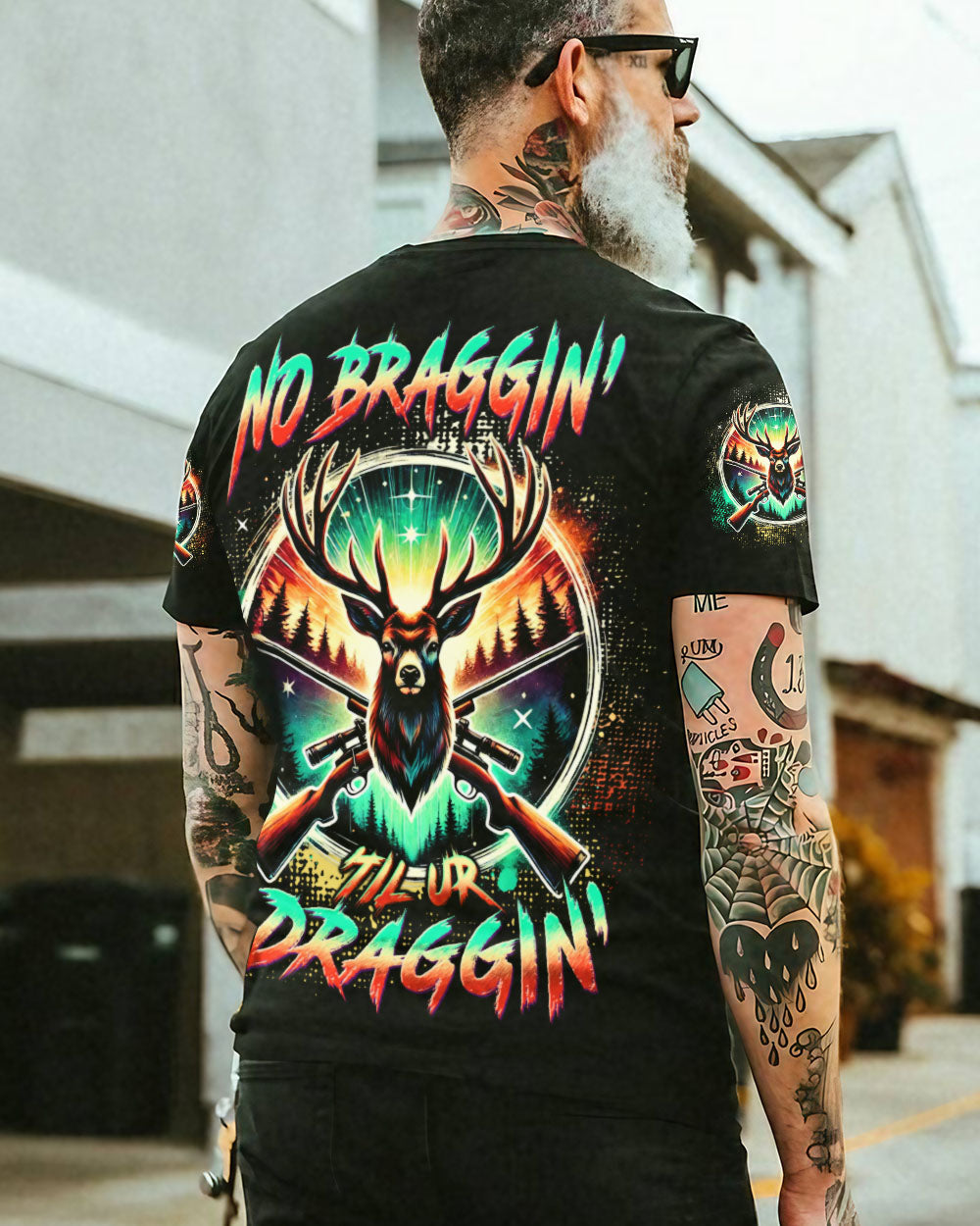 BLISSCORNERS NO BRAGGING UNTIL YOU'RE DRAGGING DEER HUNTING ALL OVER PRINT