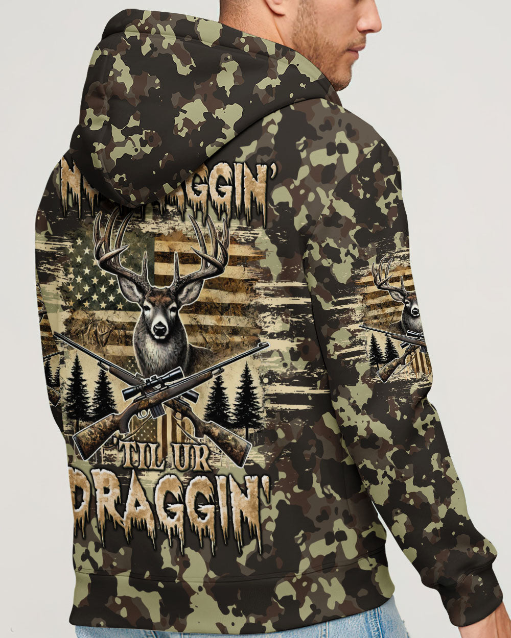 BLISSCORNERS NO BRAGGING UNTIL YOU'RE DRAGGING DEER HUNTING ALL OVER PRINT