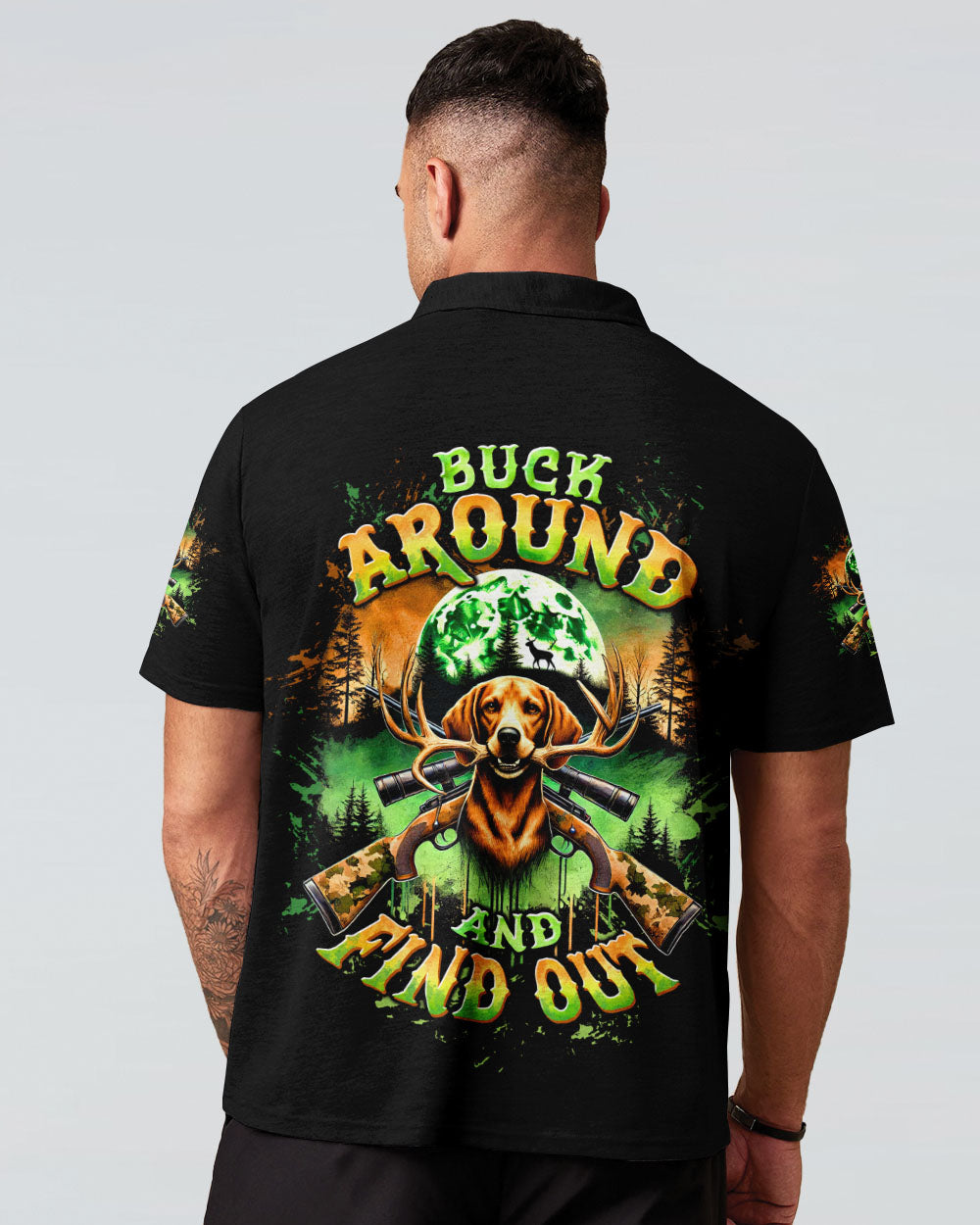 BLISSCORNERS BUCK AROUND AND FIND OUT DEER HUNTING FOXHOUND DOG ALL OVER PRINT