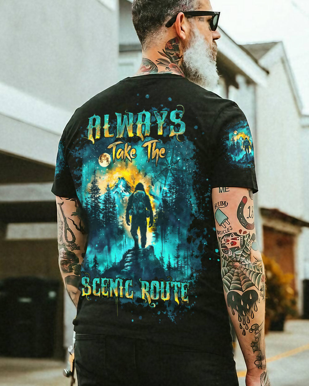 BLISSCORNERS ALWAYS TAKE THE SCENIC ROUTE COMPASS BIGFOOT ALL OVER PRINT