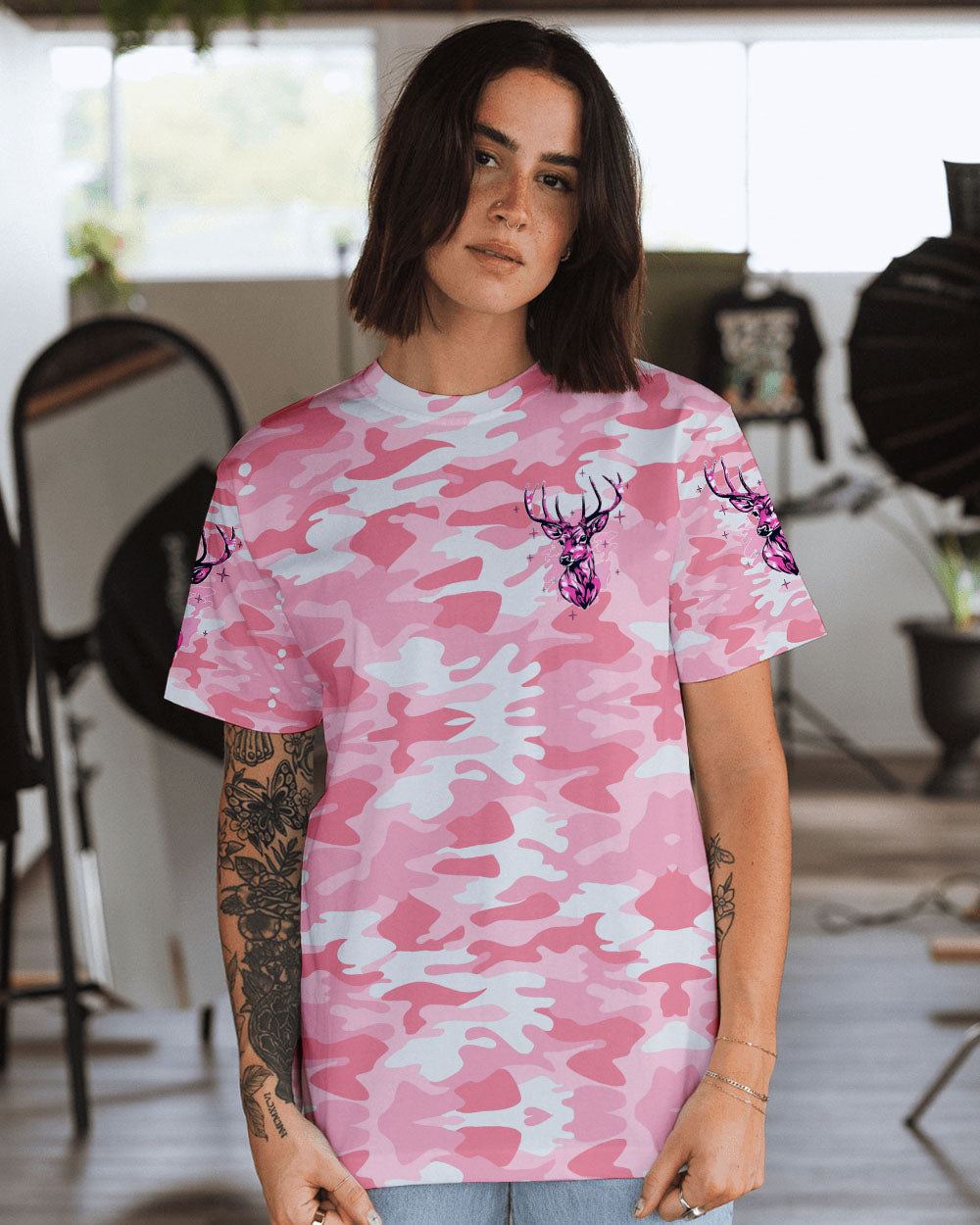 BLISSCORNERS PRETTY IN PINK DEER HUNTING ALL OVER PRINT