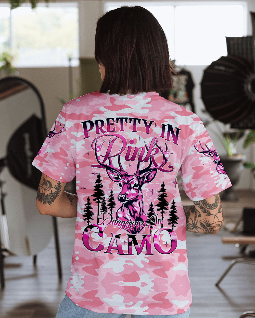 BLISSCORNERS PRETTY IN PINK DEER HUNTING ALL OVER PRINT