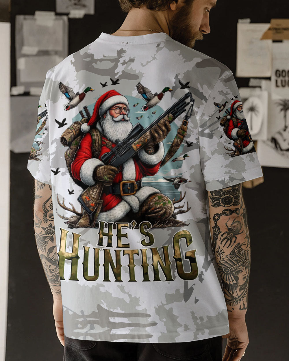 BLISSCORNERS HE'S HUNTING DUCKS SANTA CHRISTMAS ALL OVER PRINT