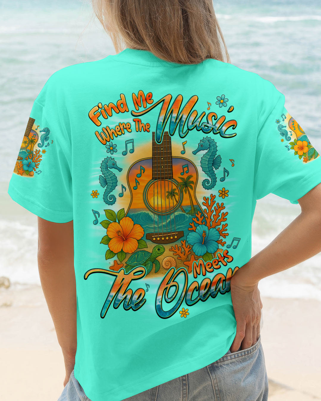 BLISSCORNERS FIND ME WHERE THE MUSIC MEETS THE OCEAN GUITAR ALL OVER PRINT