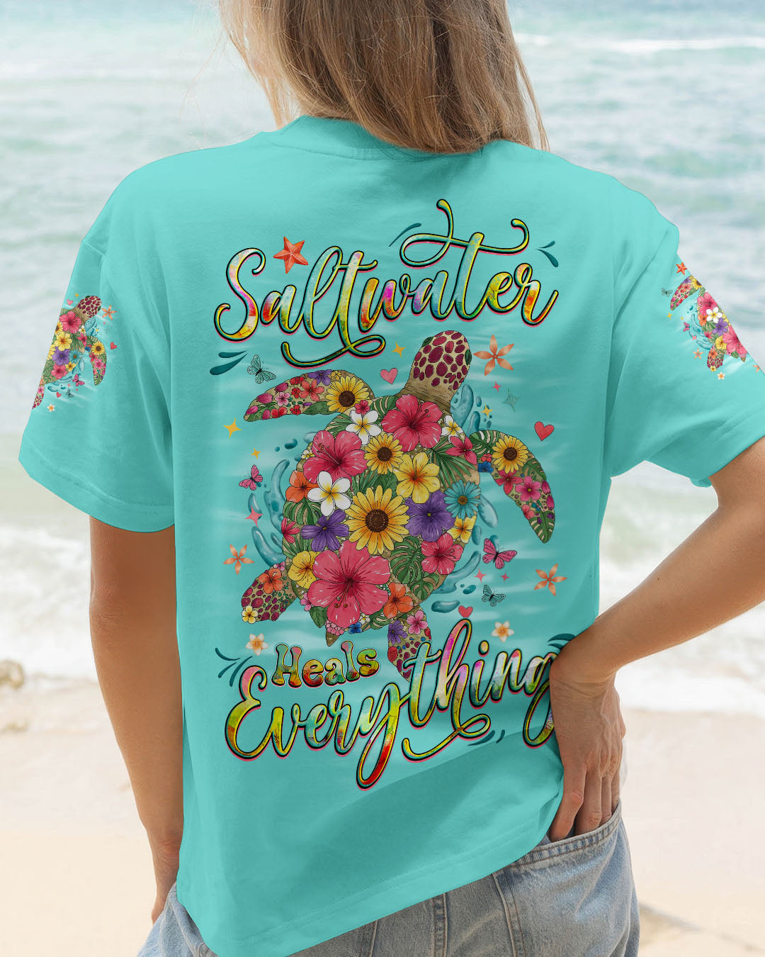 BLISSCORNERS SALTWATER HEALS EVERYTHING TURTLE FLOWERS ALL OVER PRINT