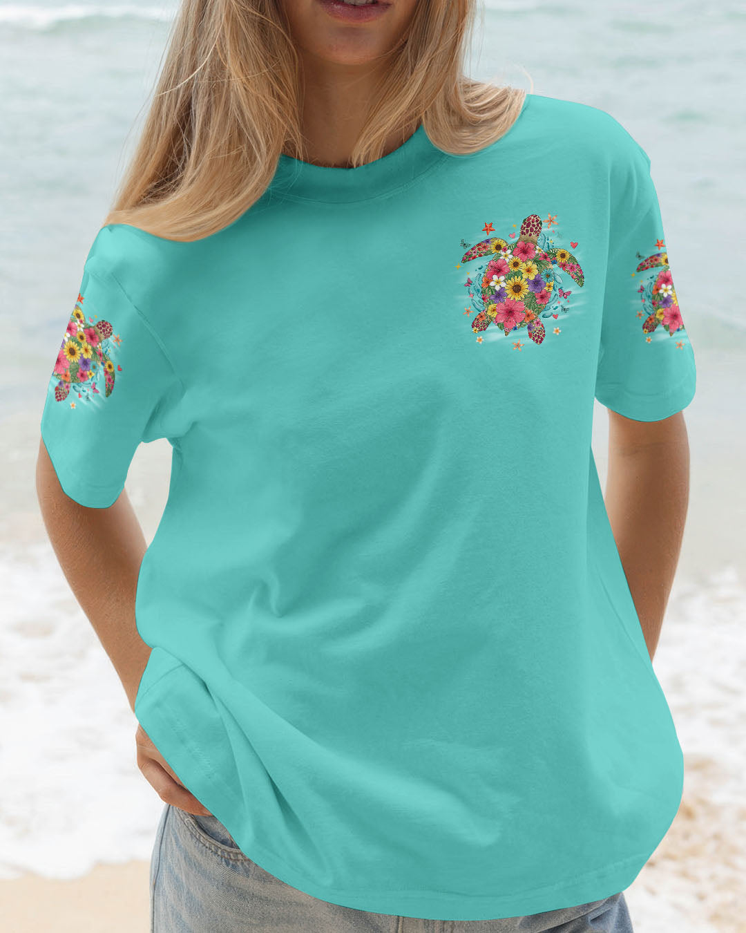 BLISSCORNERS SALTWATER HEALS EVERYTHING TURTLE FLOWERS ALL OVER PRINT