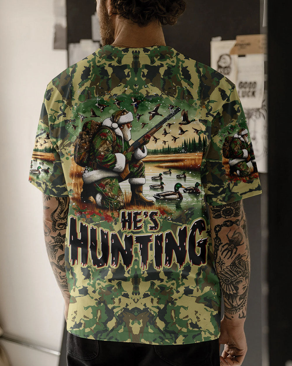 BLISSCORNERS HE'S HUNTING DUCKS SANTA CHRISTMAS ALL OVER PRINT