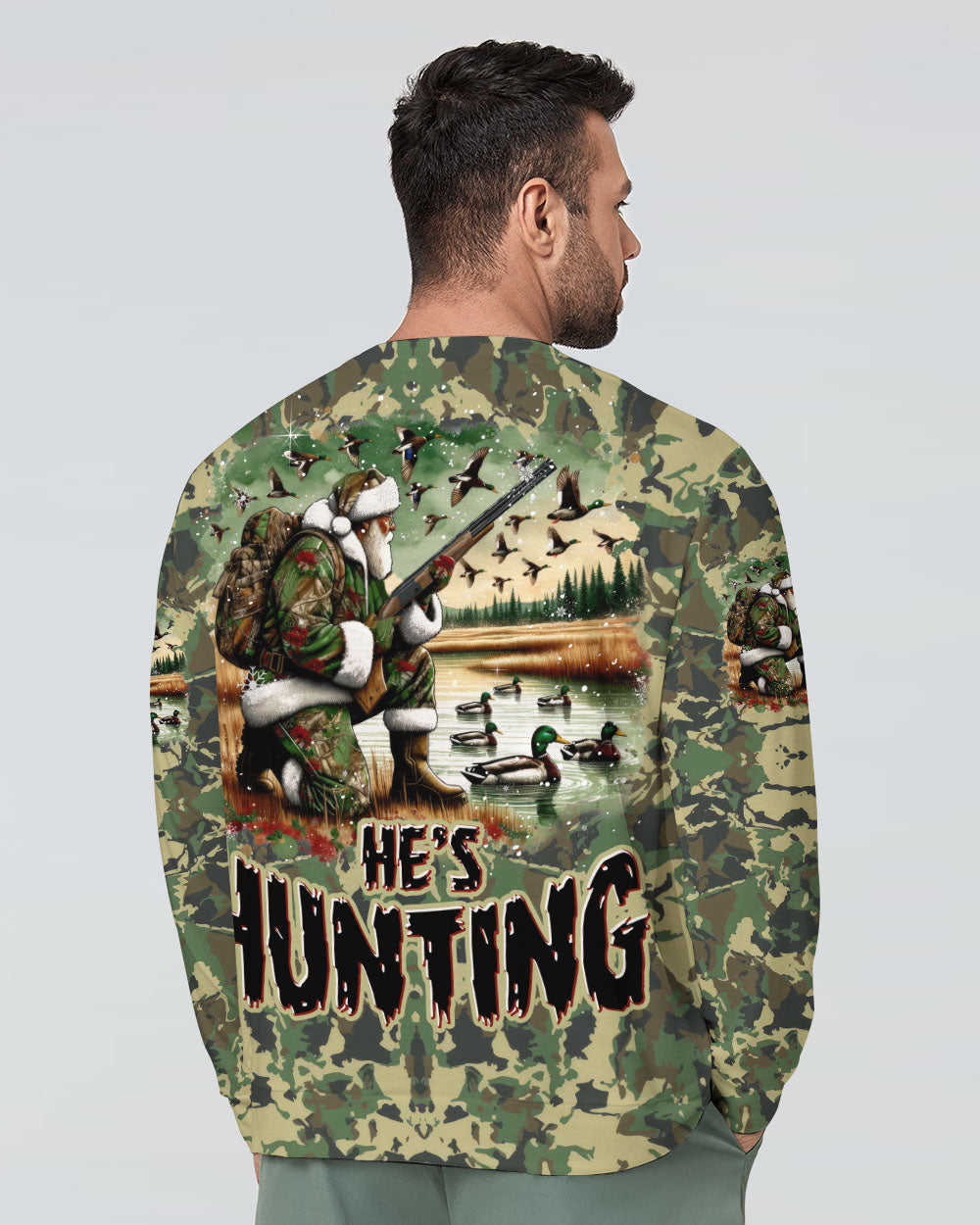 BLISSCORNERS HE'S HUNTING DUCKS SANTA CHRISTMAS ALL OVER PRINT