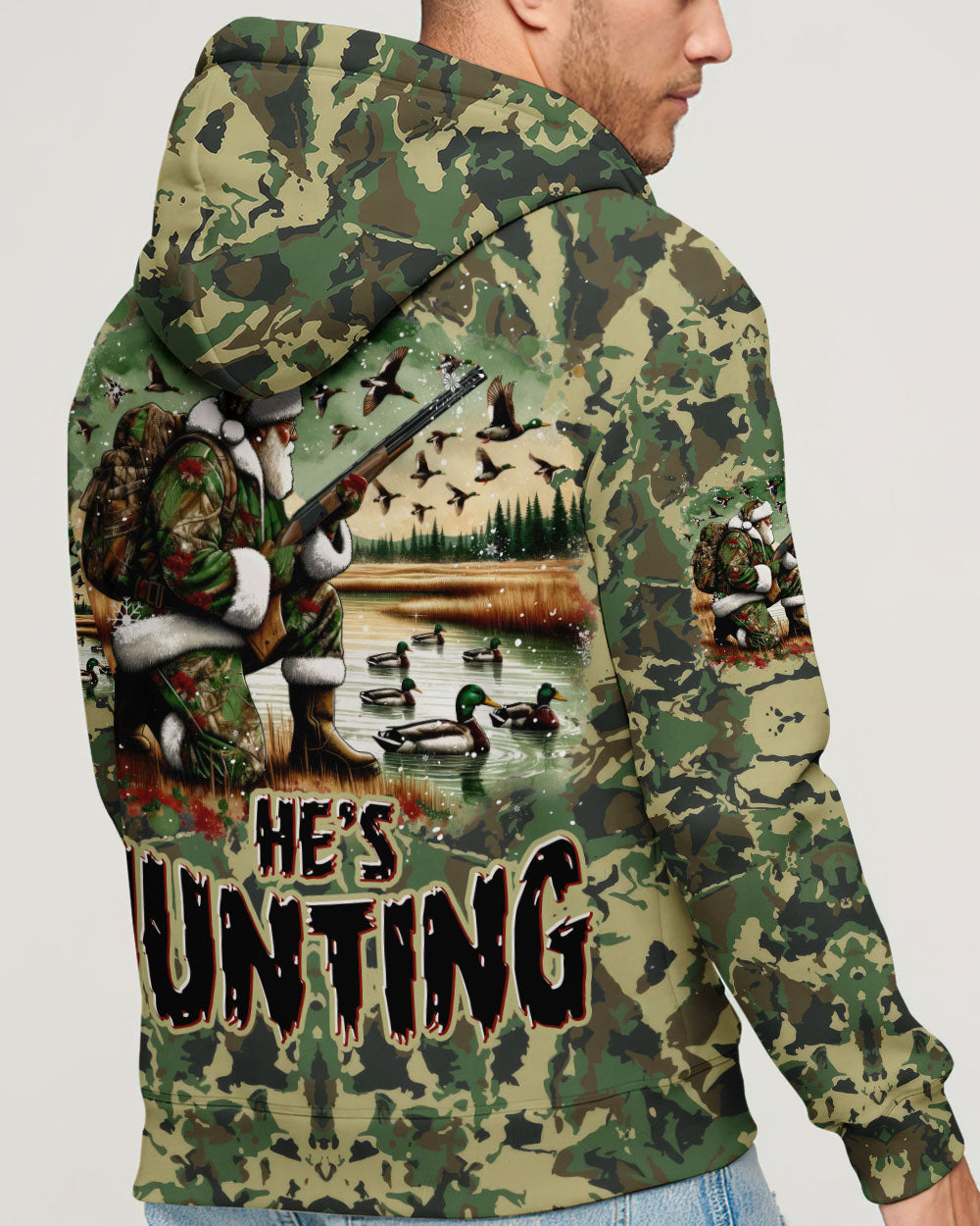 BLISSCORNERS HE'S HUNTING DUCKS SANTA CHRISTMAS ALL OVER PRINT