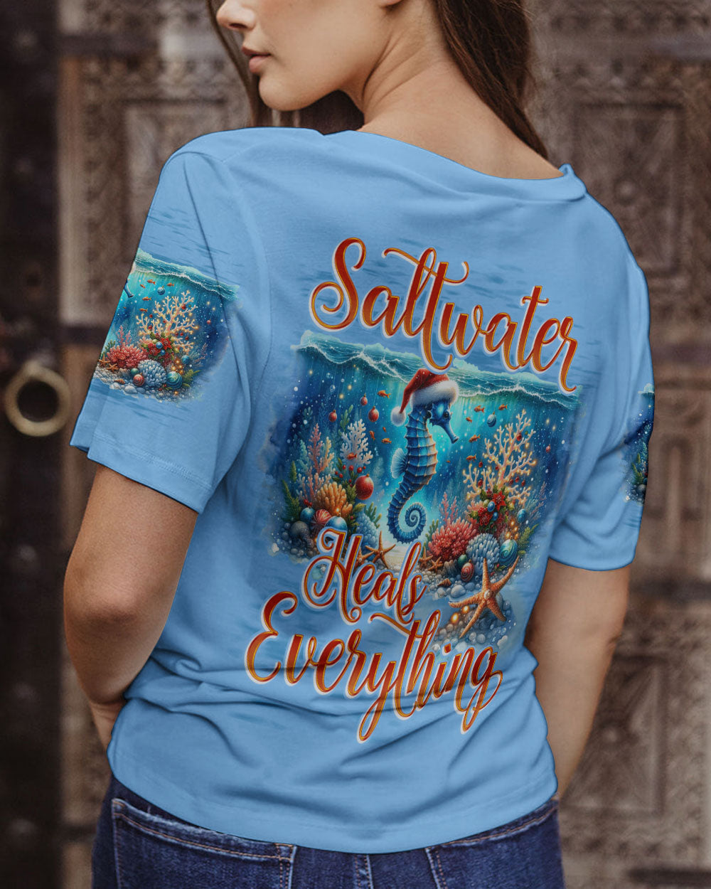 BLISSCORNERS SALTWATER HEALS EVERYTHING SEAHORSE CHRISTMAS ALL OVER PRINT