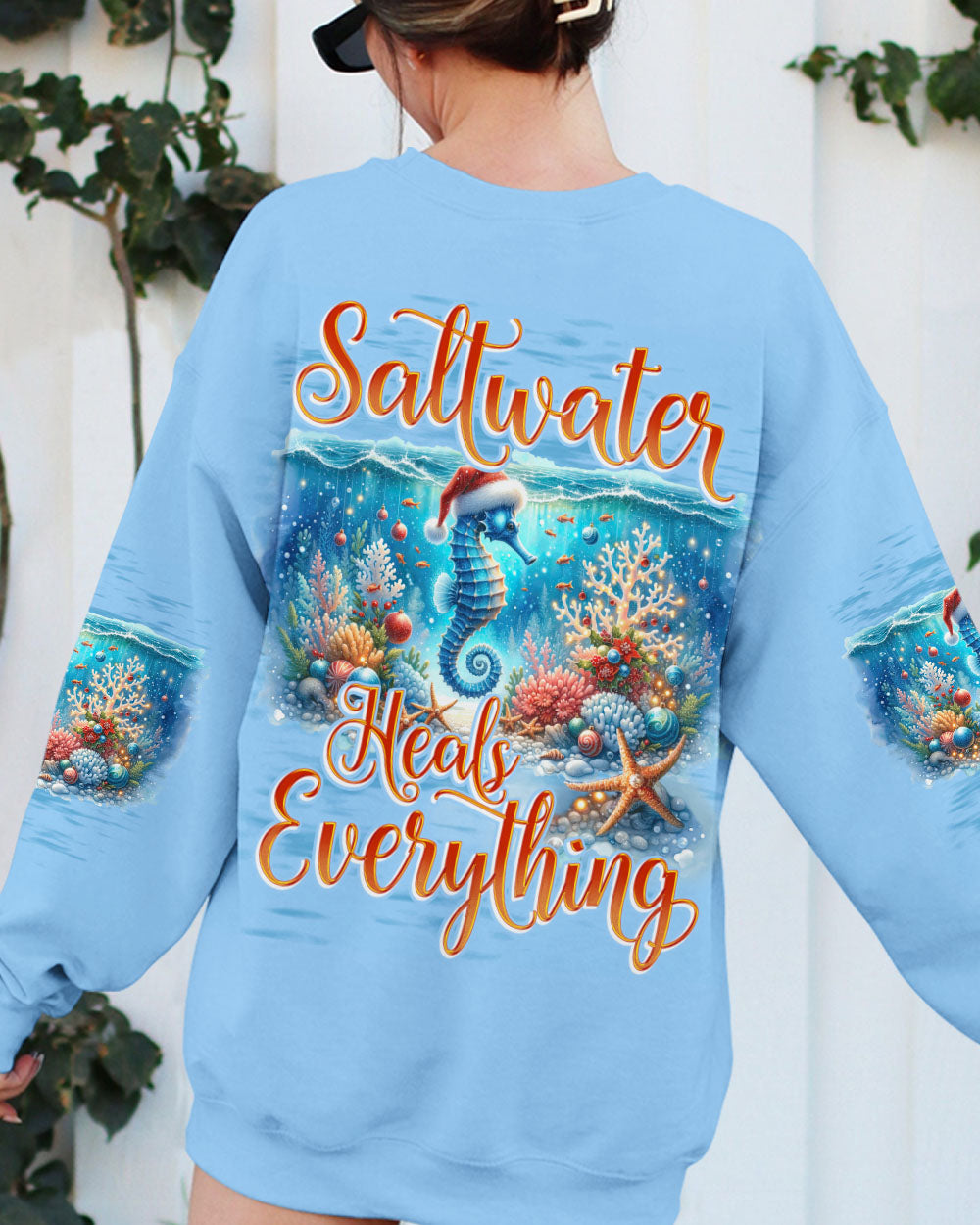 BLISSCORNERS SALTWATER HEALS EVERYTHING SEAHORSE CHRISTMAS ALL OVER PRINT
