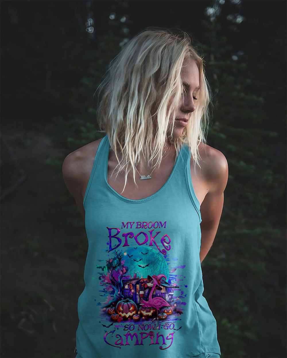 BLISSCORNERS MY BROOM BROKE SO NOW FLAMINGO HALLOWEEN CAMPING ALL OVER PRINT
