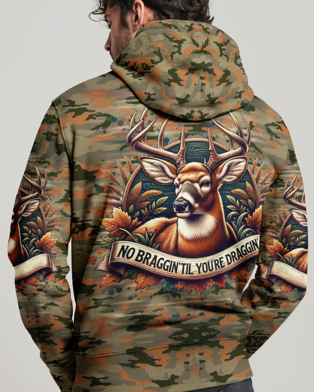 BLISSCORNERS NO BRAGGING UNTIL YOU'RE DRAGGING HUNTING ALL OVER PRINT