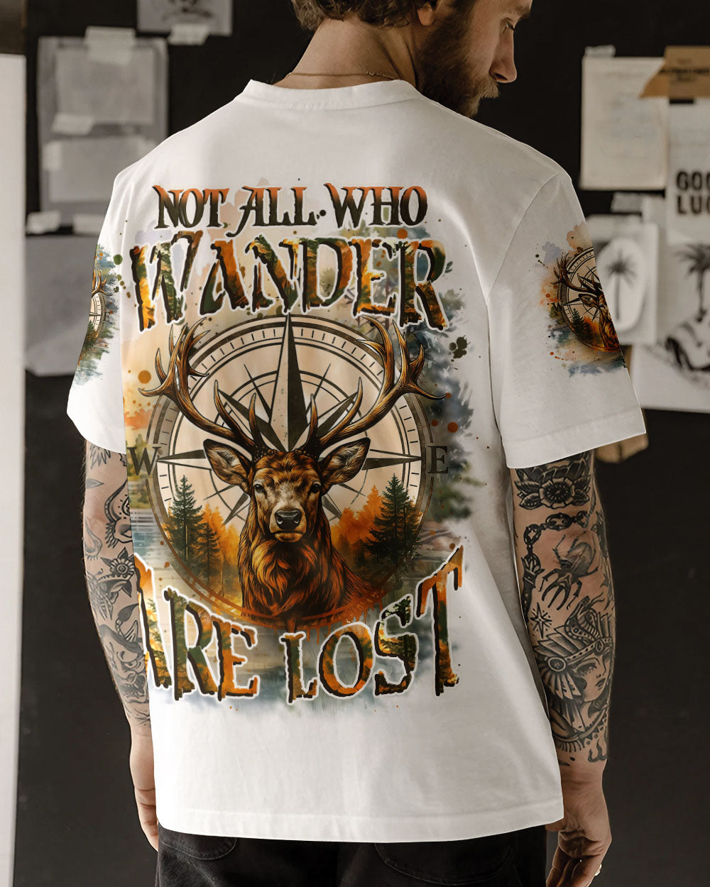 BLISSCORNERS NOT ALL WHO WANDER ARE LOST DEER COMPASS ALL OVER PRINT