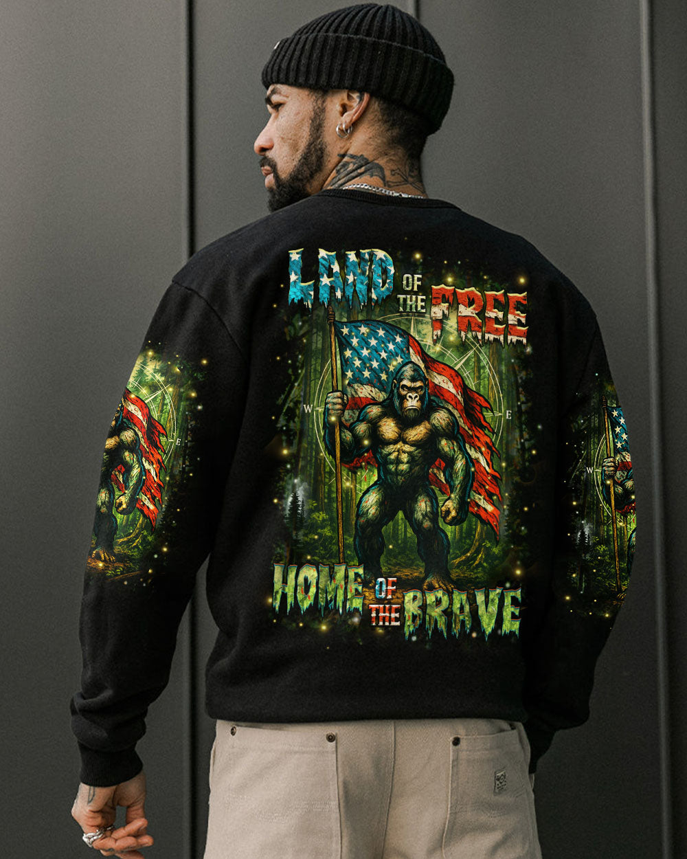 BLISSCORNERS HOME OF THE BRAVE LAND OF THE FREE BIGFOOT ALL OVER PRINT