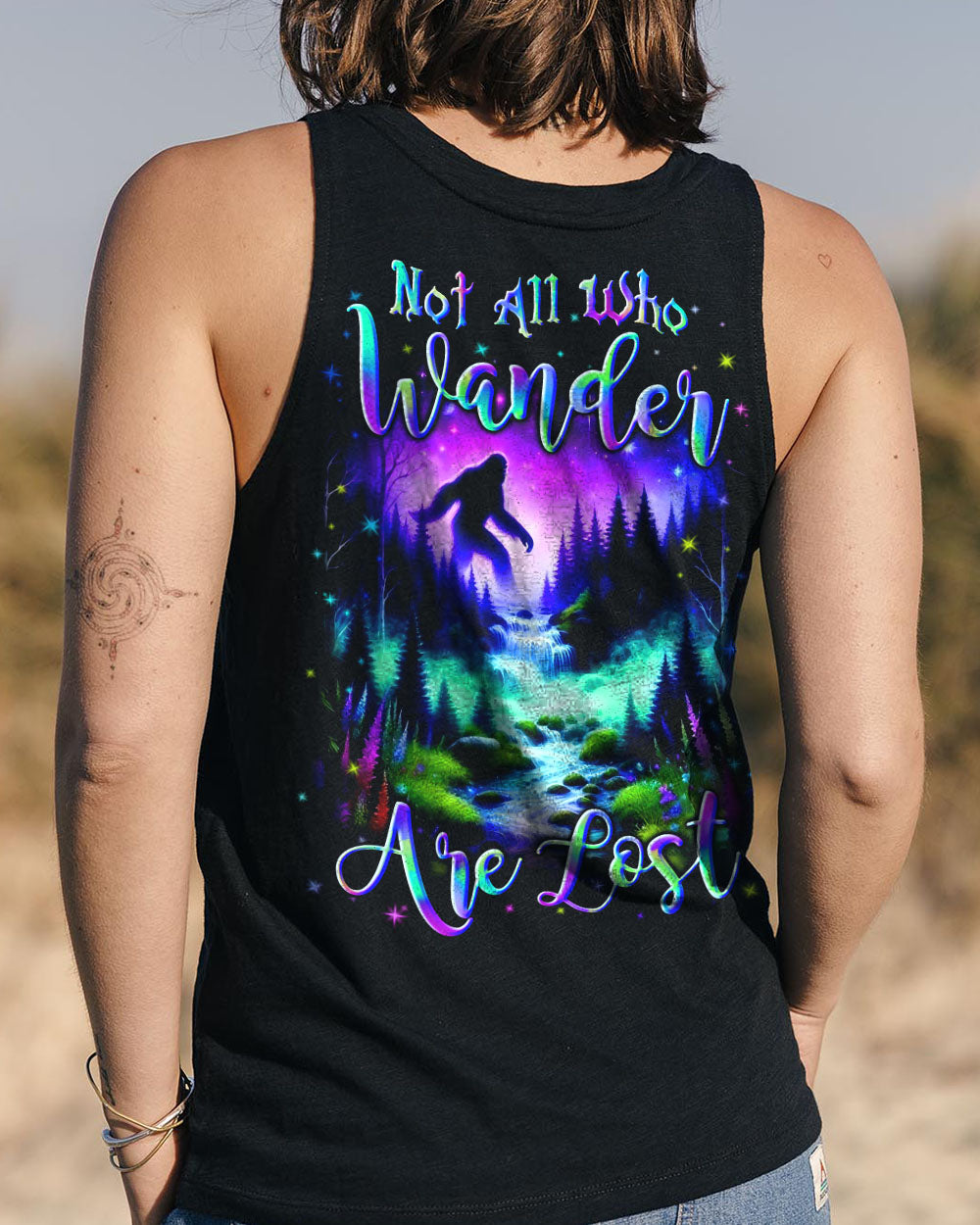 BLISSCORNERS NOT ALL WHO WANDER ARE LOST BIGFOOT COLORFUL ALL OVER PRINT
