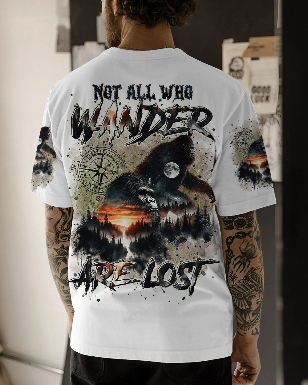 BLISSCORNERS NOT ALL WHO WANDER ARE LOST BIGFOOT COMPASS ALL OVER PRINT