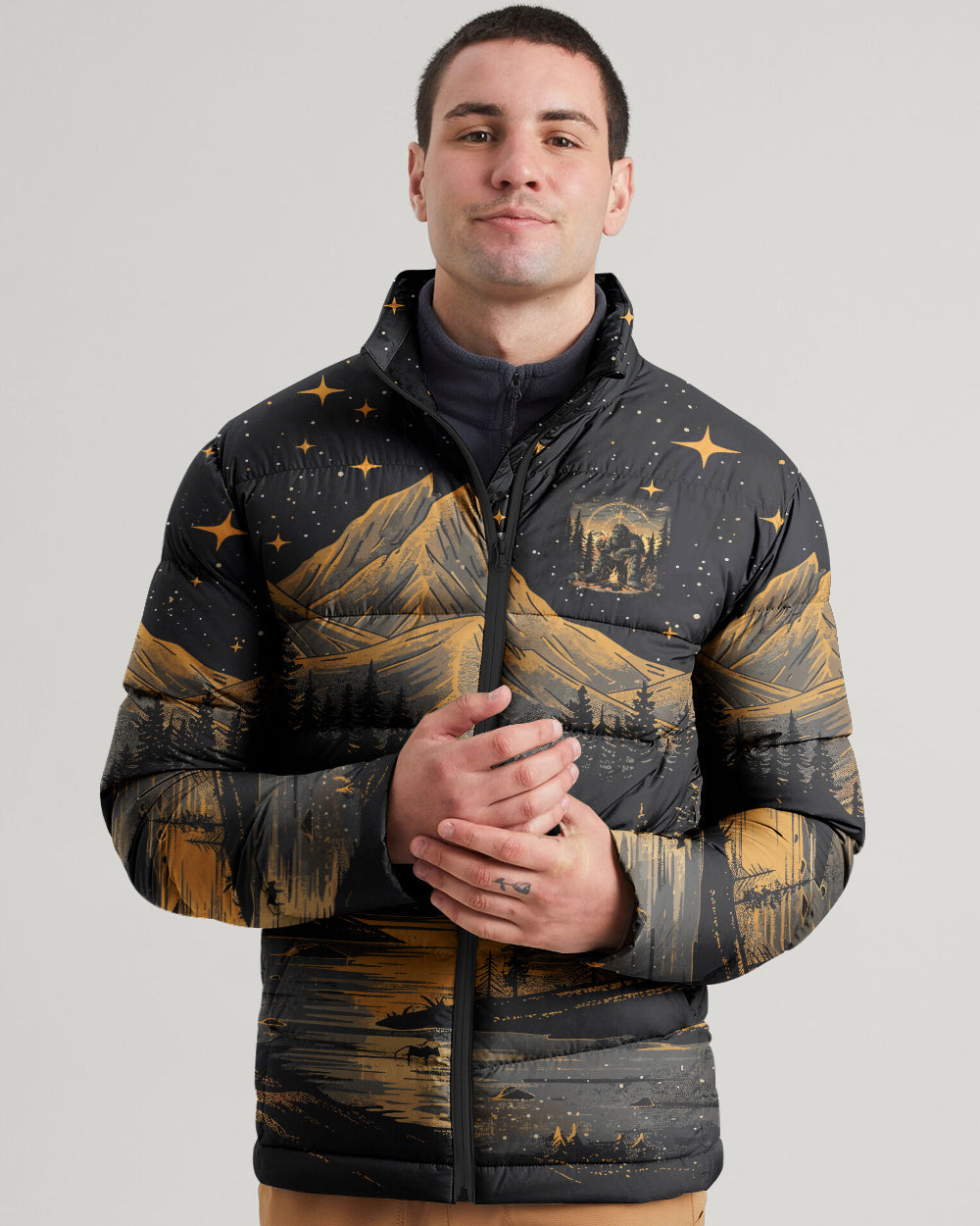 BLISSCORNERS NOT ALL WHO WANDER ARE LOST BIGFOOT COMPASS PUFFER JACKET