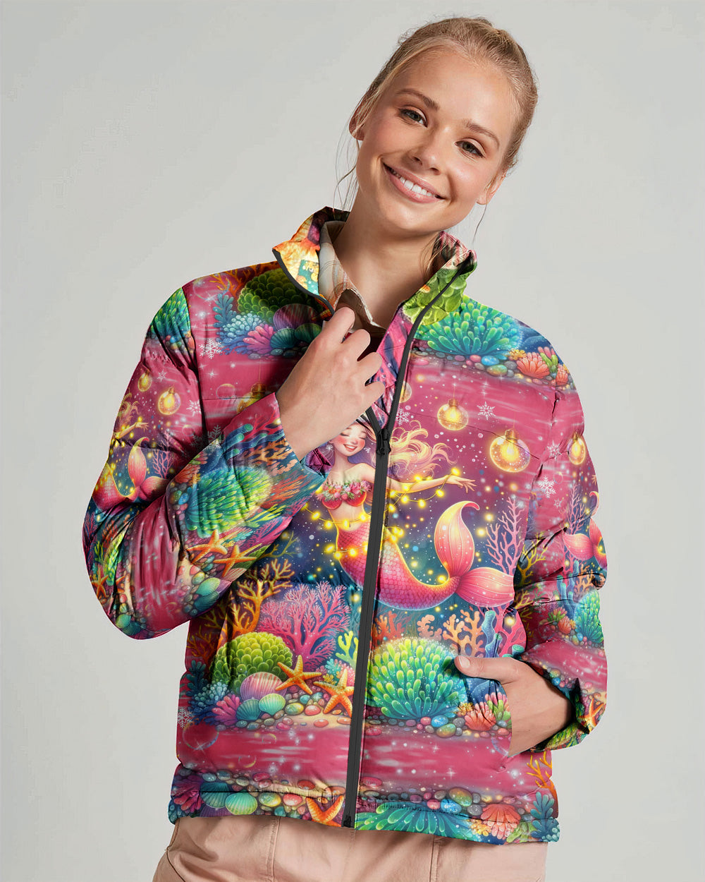 BLISSCORNERS HOLLY JOLLY MERMAID CHRISTMAS PUFFER JACKET