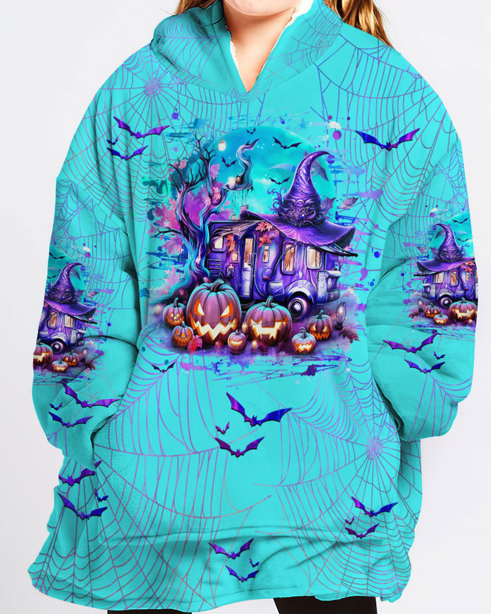 BLISSCORNERS MY BROOM BROKE SO NOW HALLOWEEN CAMPING SHERPA BLANKET HOODIE