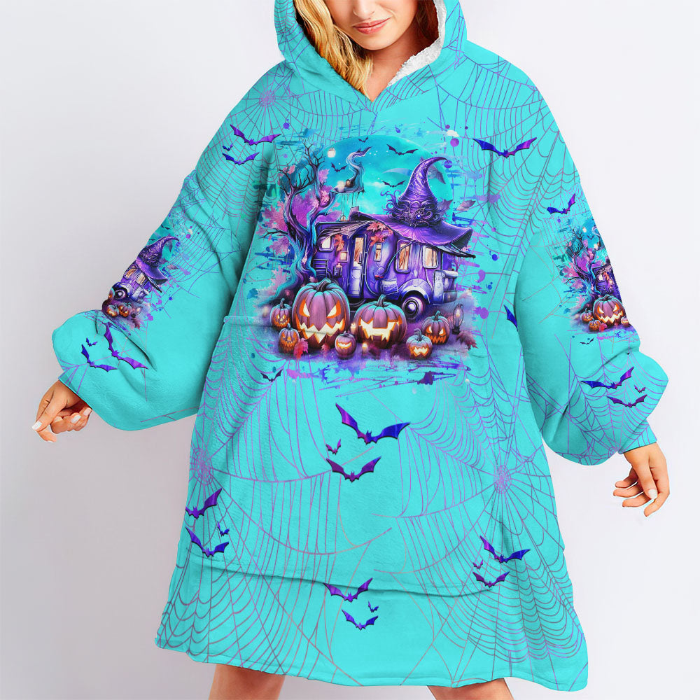 BLISSCORNERS MY BROOM BROKE SO NOW HALLOWEEN CAMPING SHERPA BLANKET HOODIE