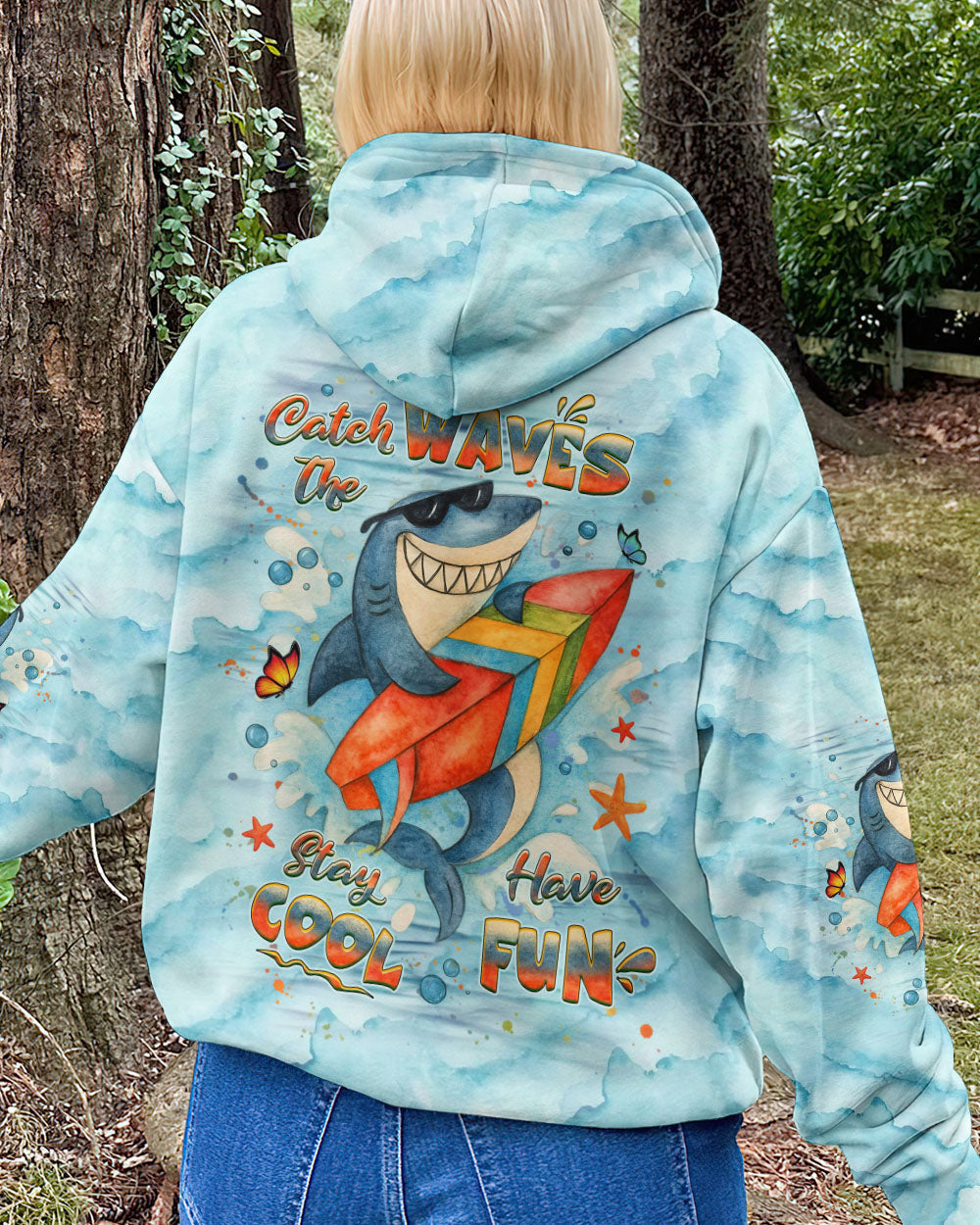 BLISSCORNERS CATCH THE WAVES STAY COOL HAVE FUN SHARK ALL OVER PRINT