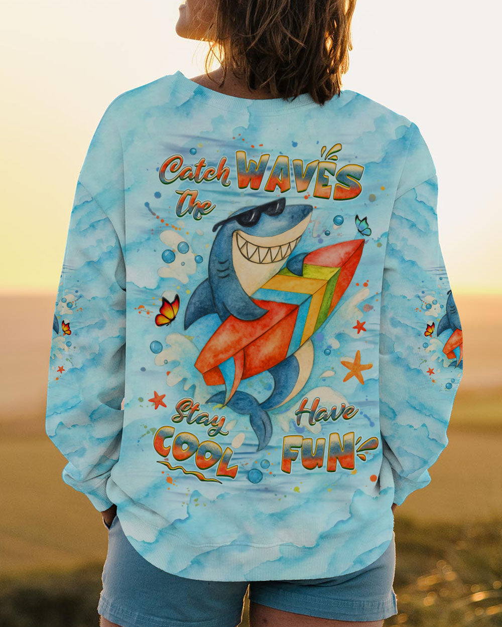 BLISSCORNERS CATCH THE WAVES STAY COOL HAVE FUN SHARK ALL OVER PRINT