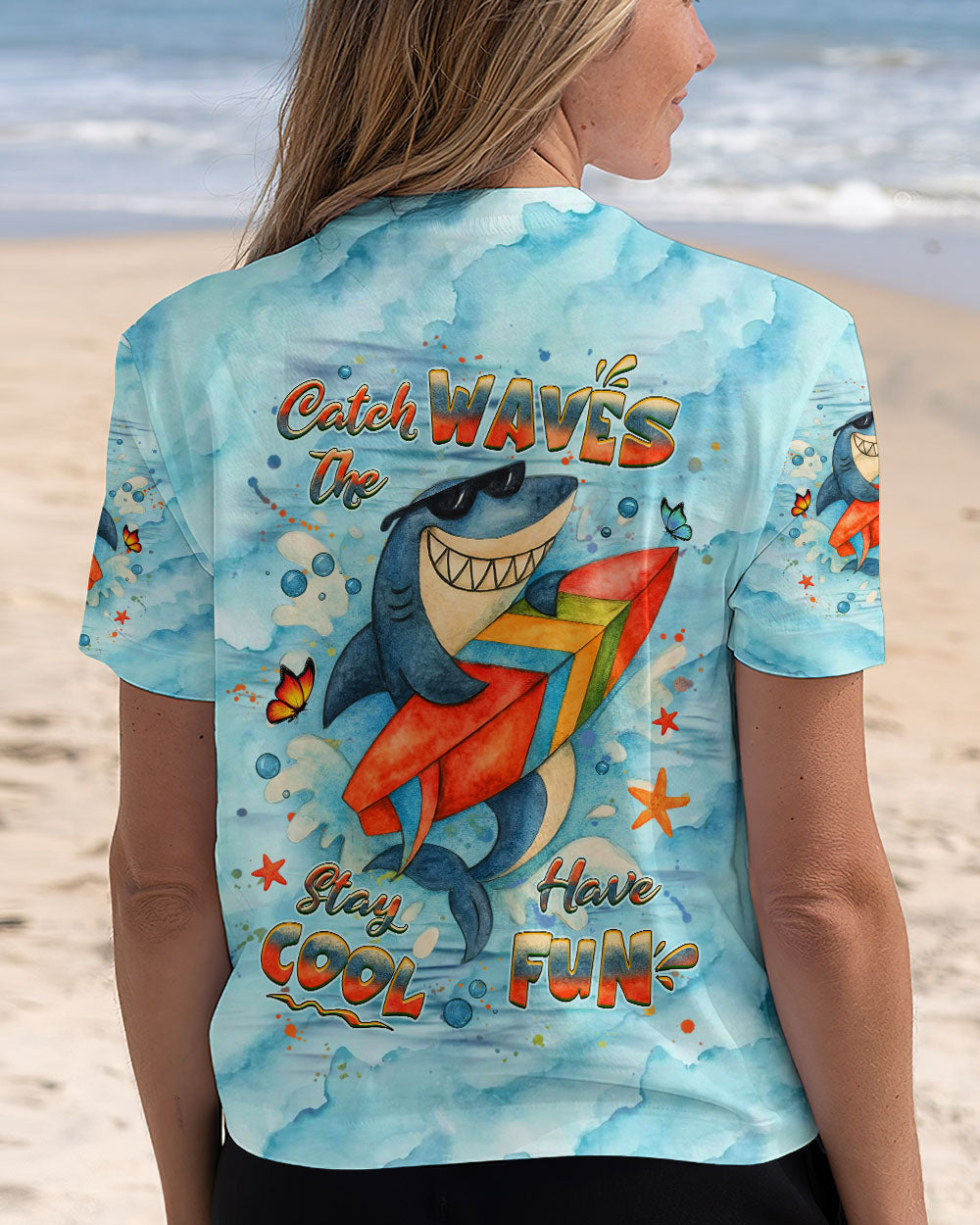BLISSCORNERS CATCH THE WAVES STAY COOL HAVE FUN SHARK ALL OVER PRINT