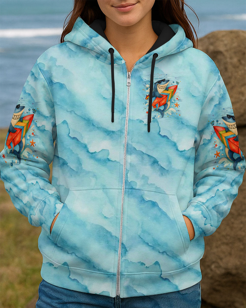 BLISSCORNERS CATCH THE WAVES STAY COOL HAVE FUN SHARK ALL OVER PRINT