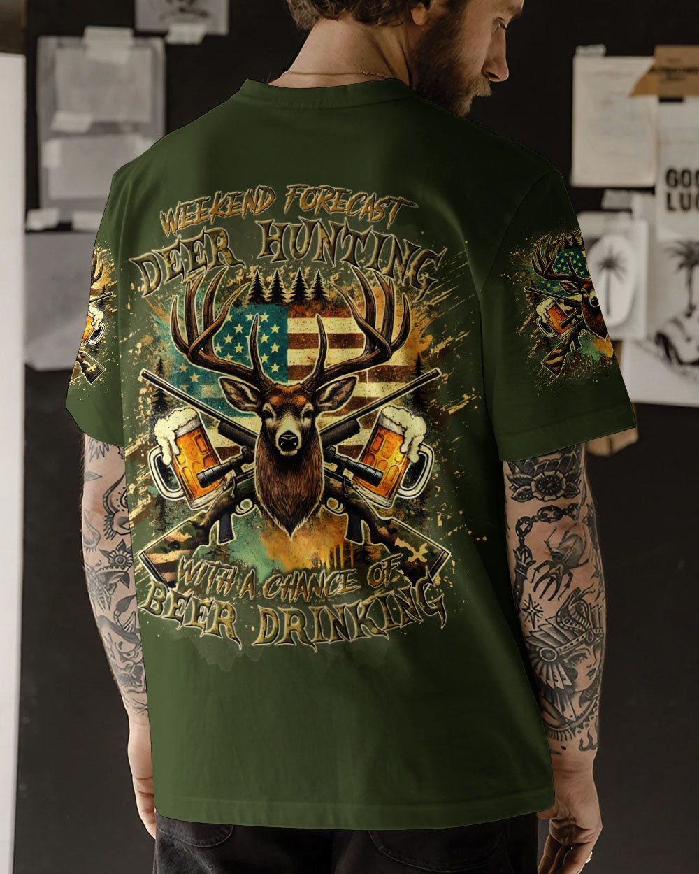 BLISSCORNERS WEEKEND FORECAST DEER HUNTING WITH A CHANCE OF BEER DRINKING ALL OVER PRINT
