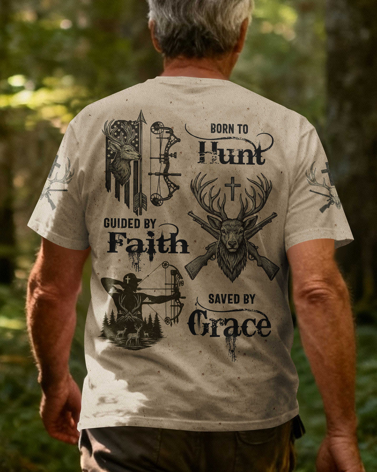 Blisscorners Born To Hunt Guided By Faith Saved By Grace Shirt, Personalized Hunting 3D Shirt