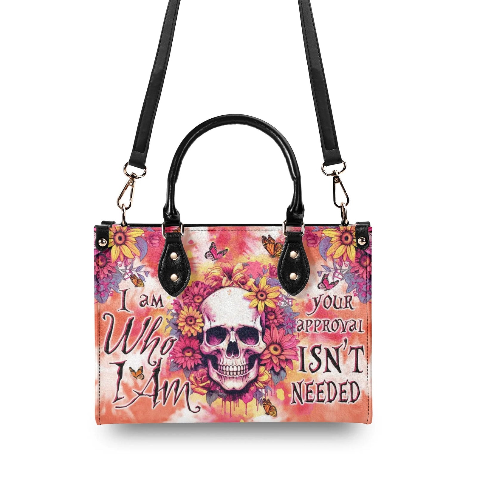 BLISSCORNERS I AM WHO I AM FLORAL SKULL TIE DYE LEATHER HANDBAG