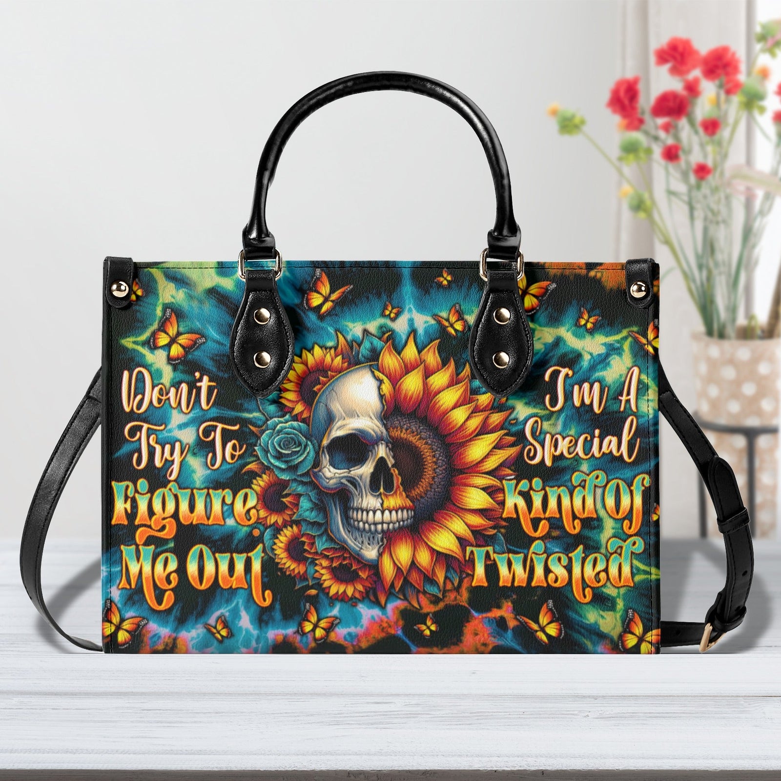 BLISSCORNERS DON'T TRY TO FIGURE ME OUT SKULL SUNFLOWER LEATHER HANDBAG