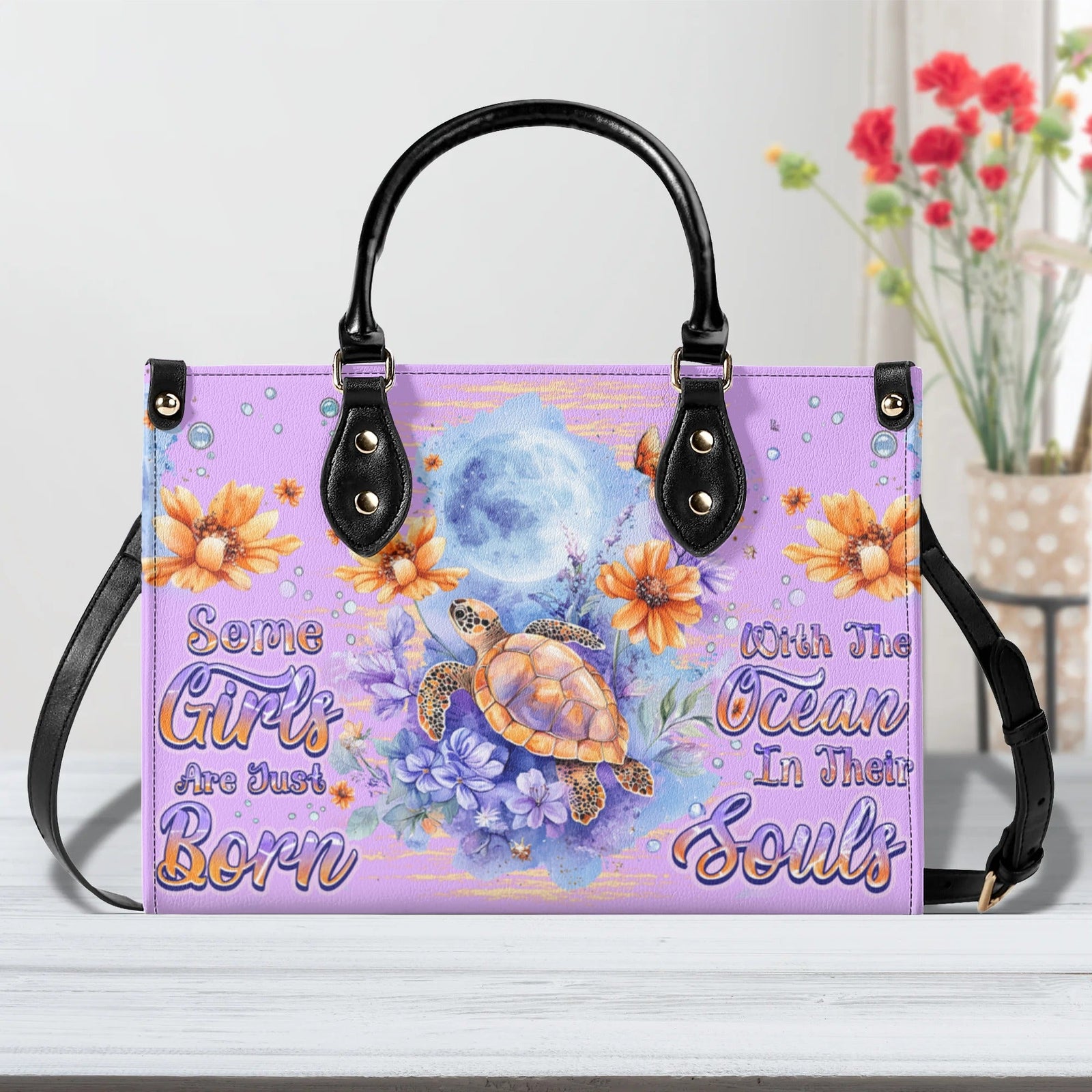 BLISSCORNERS SOME GIRLS ARE JUST BORN TURLTE WATERCOLOR LEATHER HANDBAG