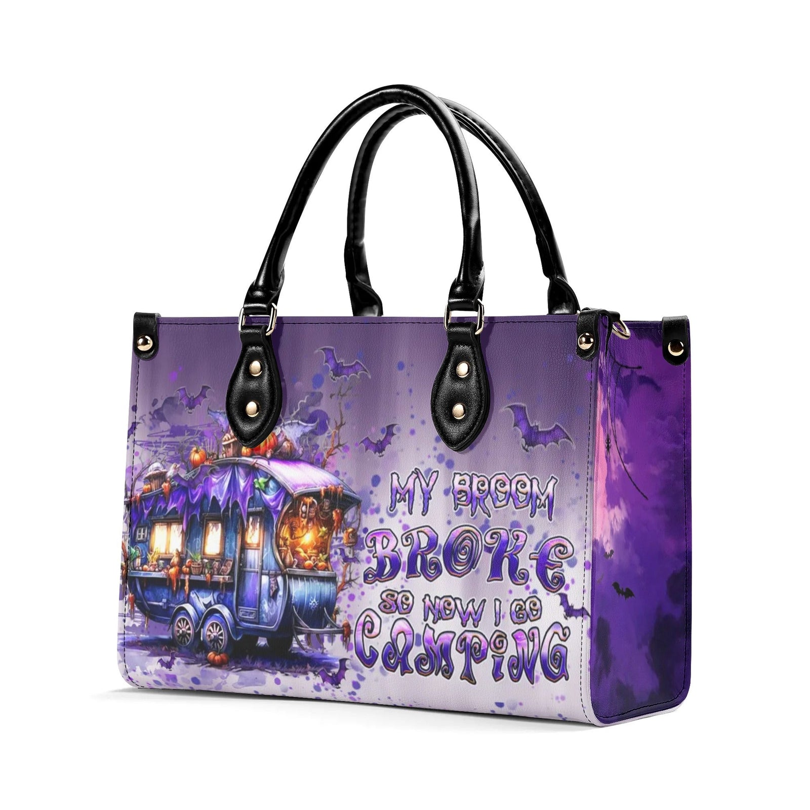 BLISSCORNERS MY BROOM BROKE CAMPING HALLOWEEN LEATHER HANDBAG