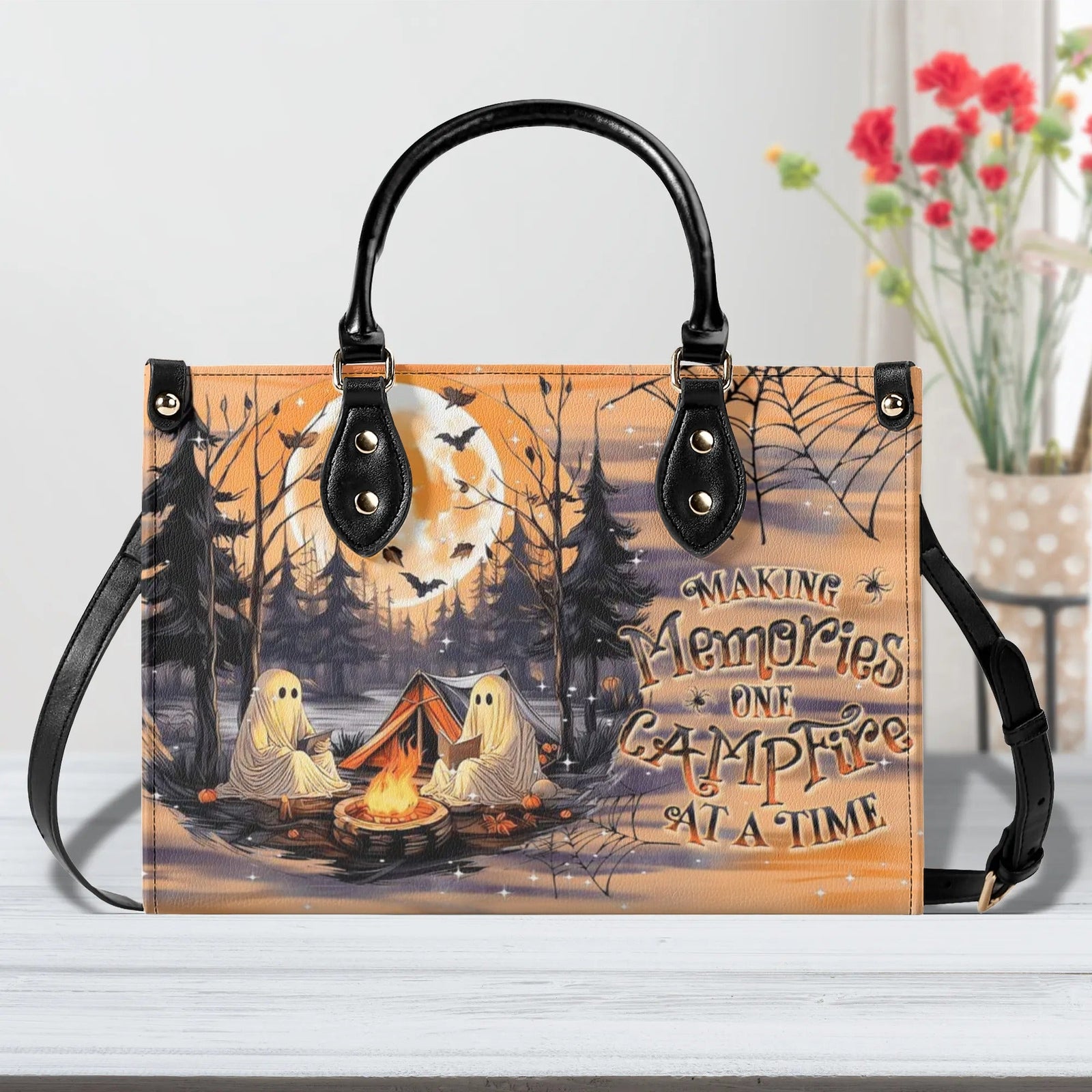 BLISSCORNERS MAKING MEMORIES ONE CAMPFIRE HALLOWEEN LEATHER HANDBAG