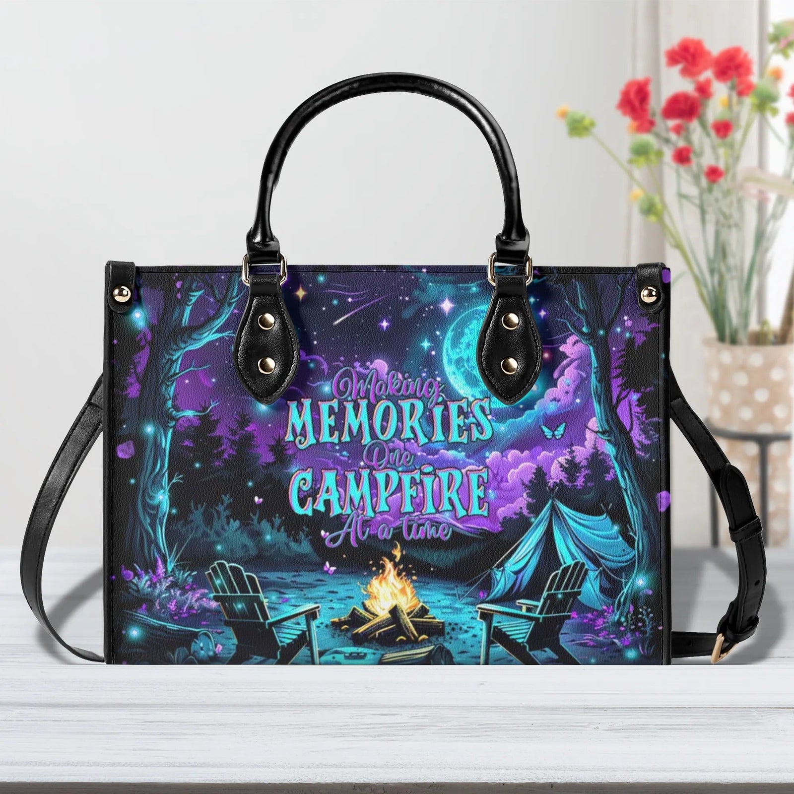 BLISSCORNERS MAKING MEMORIES ONE CAMPFIRE AT A TIME LEATHER HANDBAG