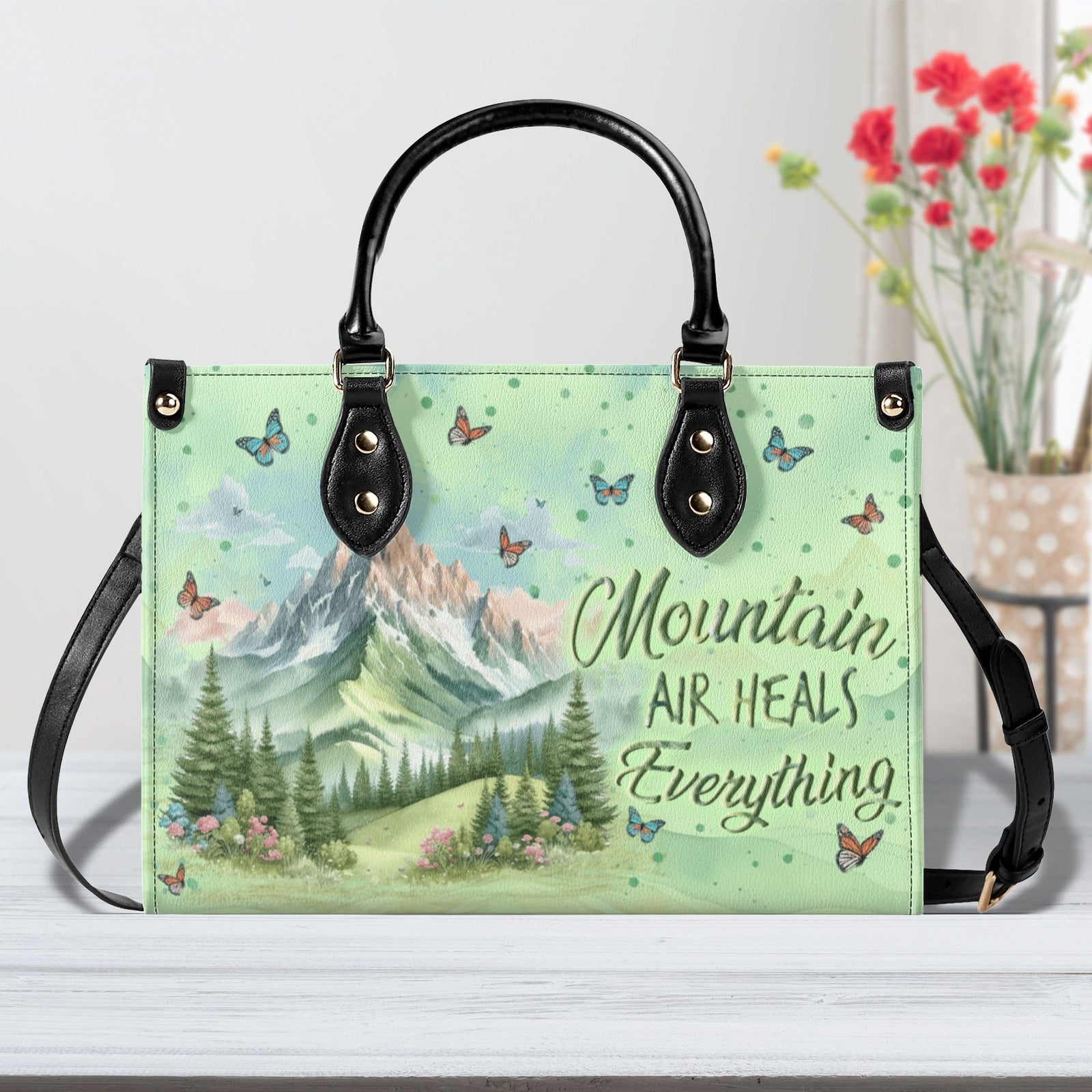BLISSCORNERS MOUNTAIN AIR HEALS EVERYTHING LEATHER HANDBAG