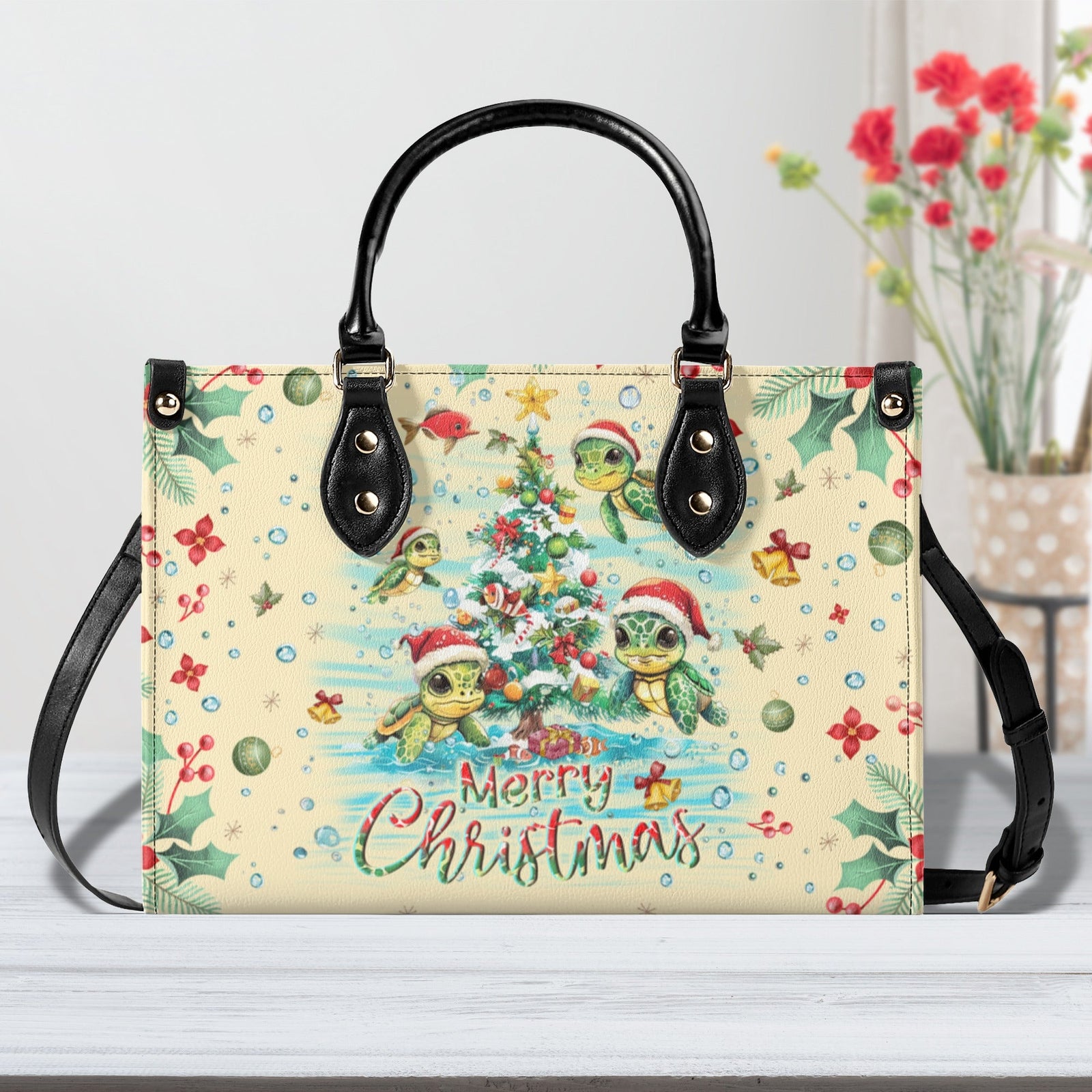 BLISSCORNERS MERRY CHRISTMAS TURTLE LEATHER HANDBAG