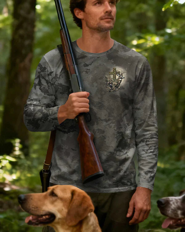 Blisscorners Just A Man Who Likes Hunting And Believes In Jesus Shirt, Personalized Hunting 3D Shirt