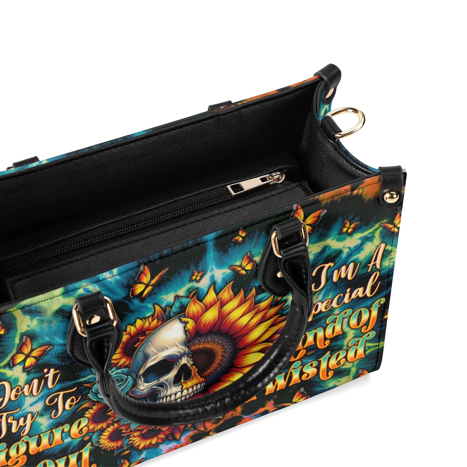 BLISSCORNERS DON'T TRY TO FIGURE ME OUT SKULL SUNFLOWER LEATHER HANDBAG