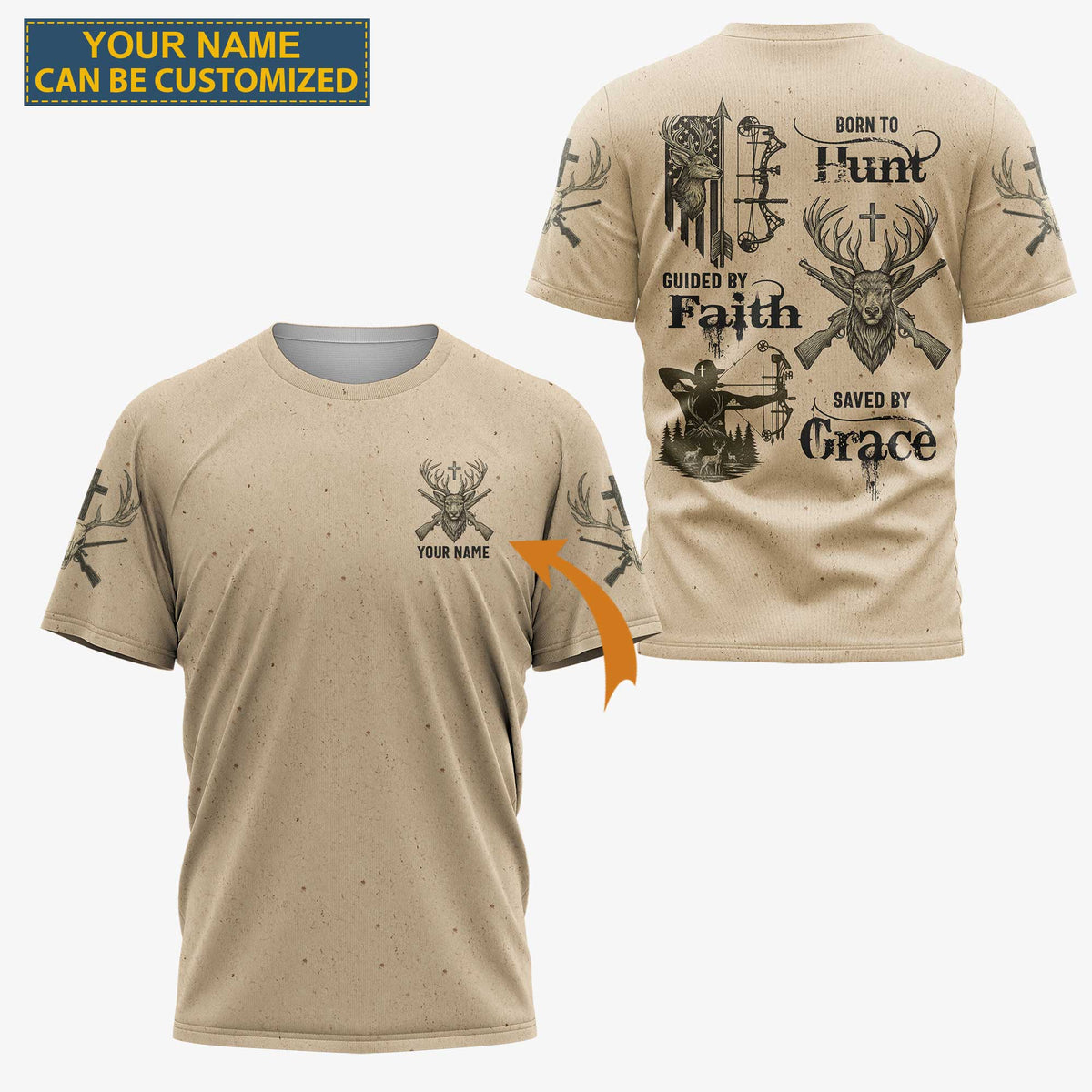 Blisscorners Born To Hunt Guided By Faith Saved By Grace Shirt, Personalized Hunting 3D Shirt