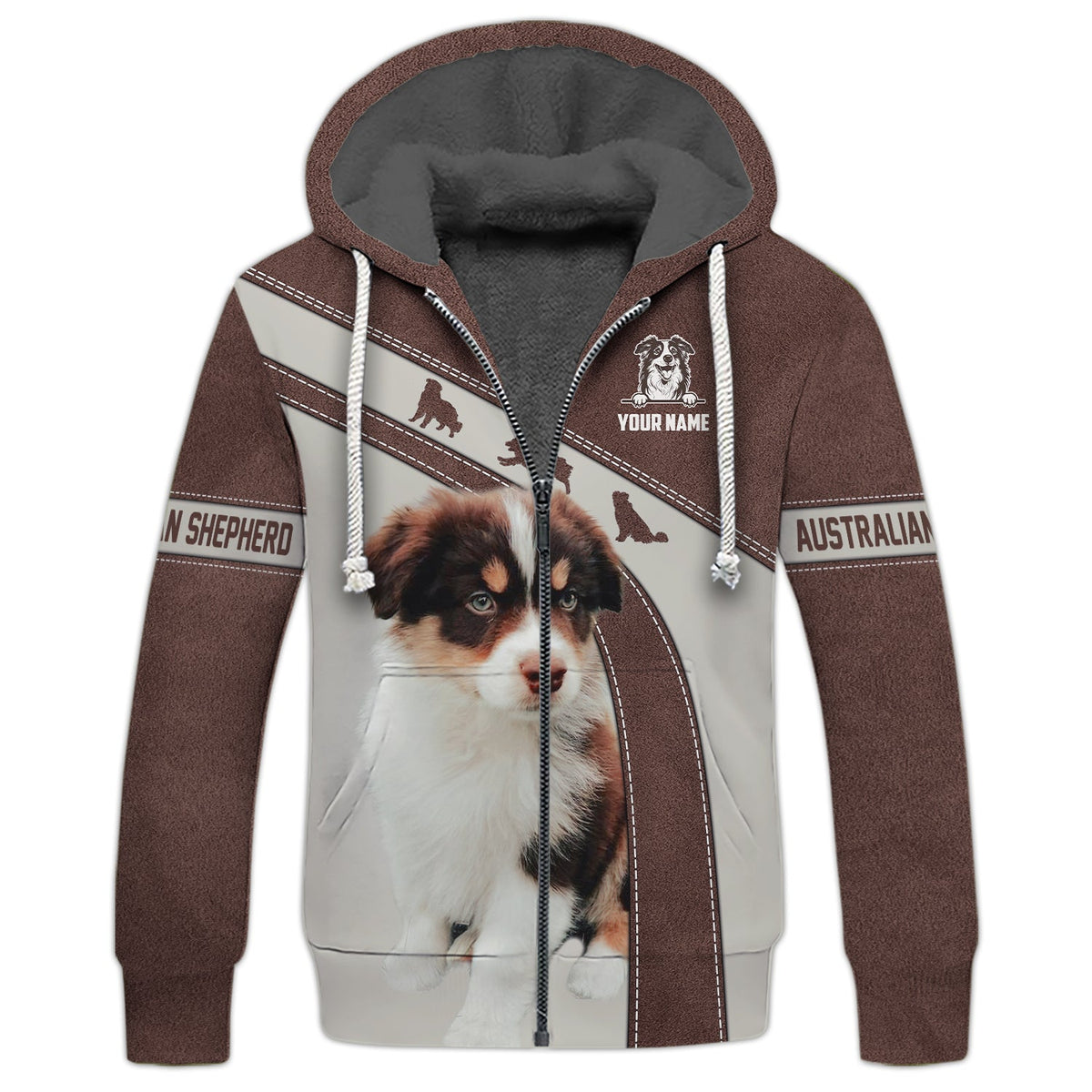 Blisscorners 3D Full Print Australian Shepherd Zipper Hoodie Personalized Name Gift For Dog Lovers