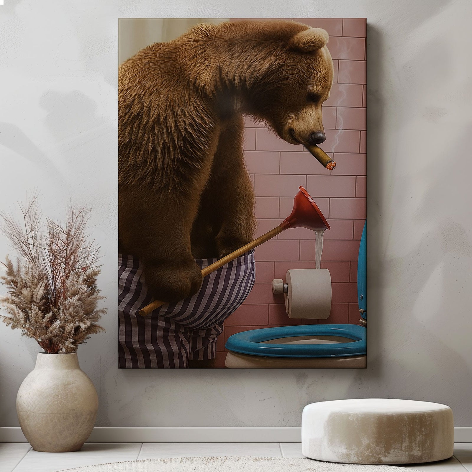 Blisscorners Cigar Bear Plunger Canvas Hilarious Bathroom Wall Art LM2611